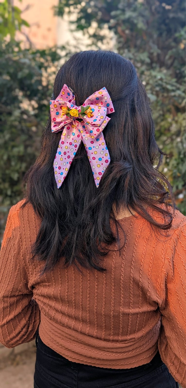 Shabnam – Handmade Triple-Layer Bow with Fabric Flowers & Elegant Flowing Tails