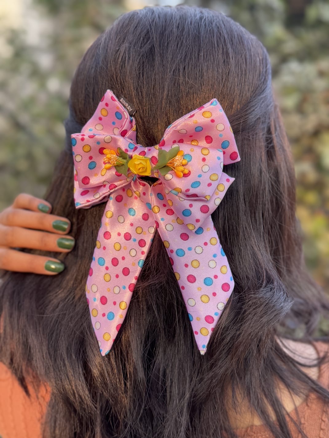 Shabnam – Handmade Triple-Layer Bow with Fabric Flowers & Elegant Flowing Tails